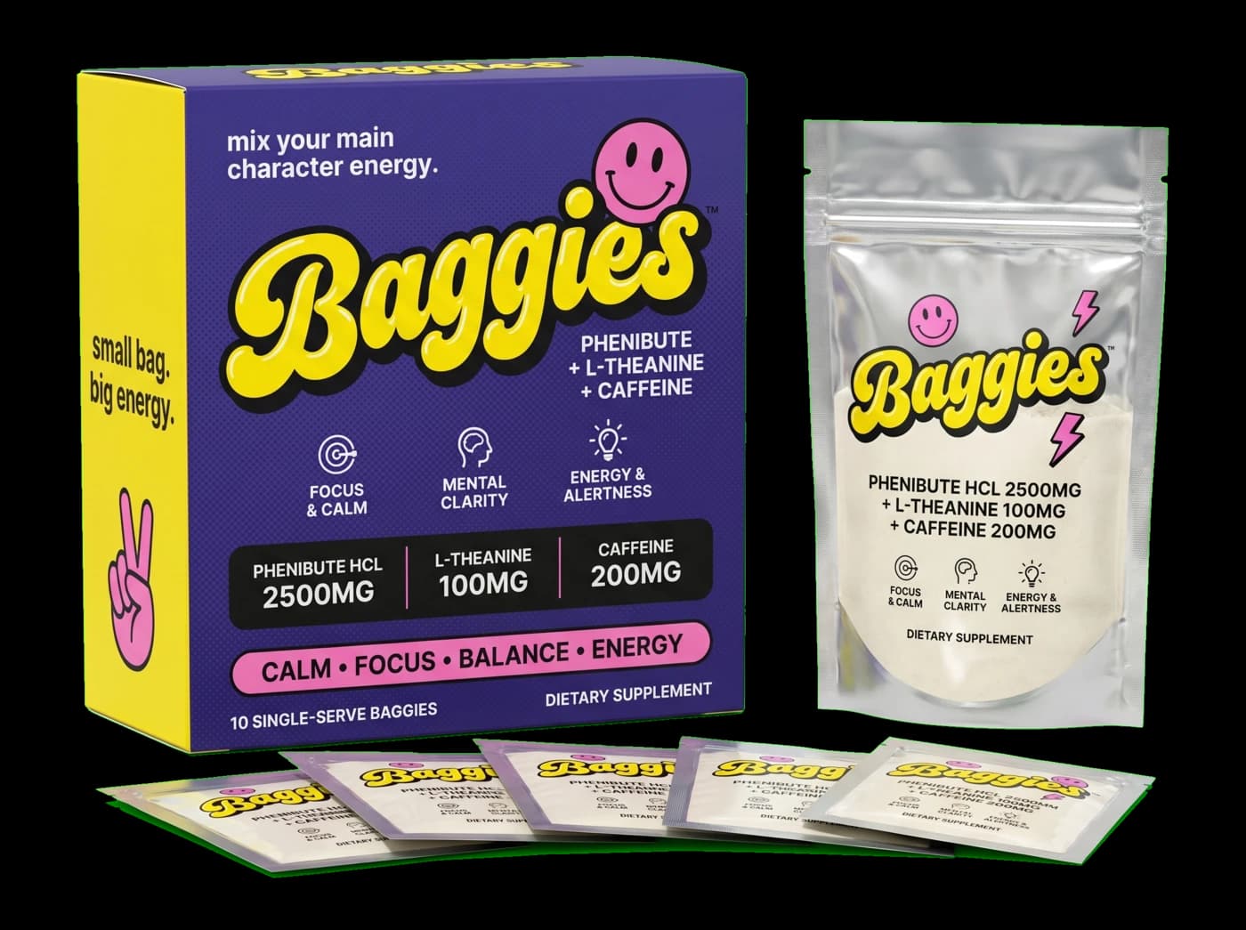 Baggies energy drink mix — box with single-serve sachets